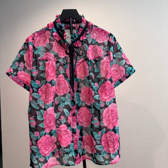 Hell‎ Bunny Sheer Black Floral Top with Pink and Green Accents, Size 2X - Picture 2 of 12